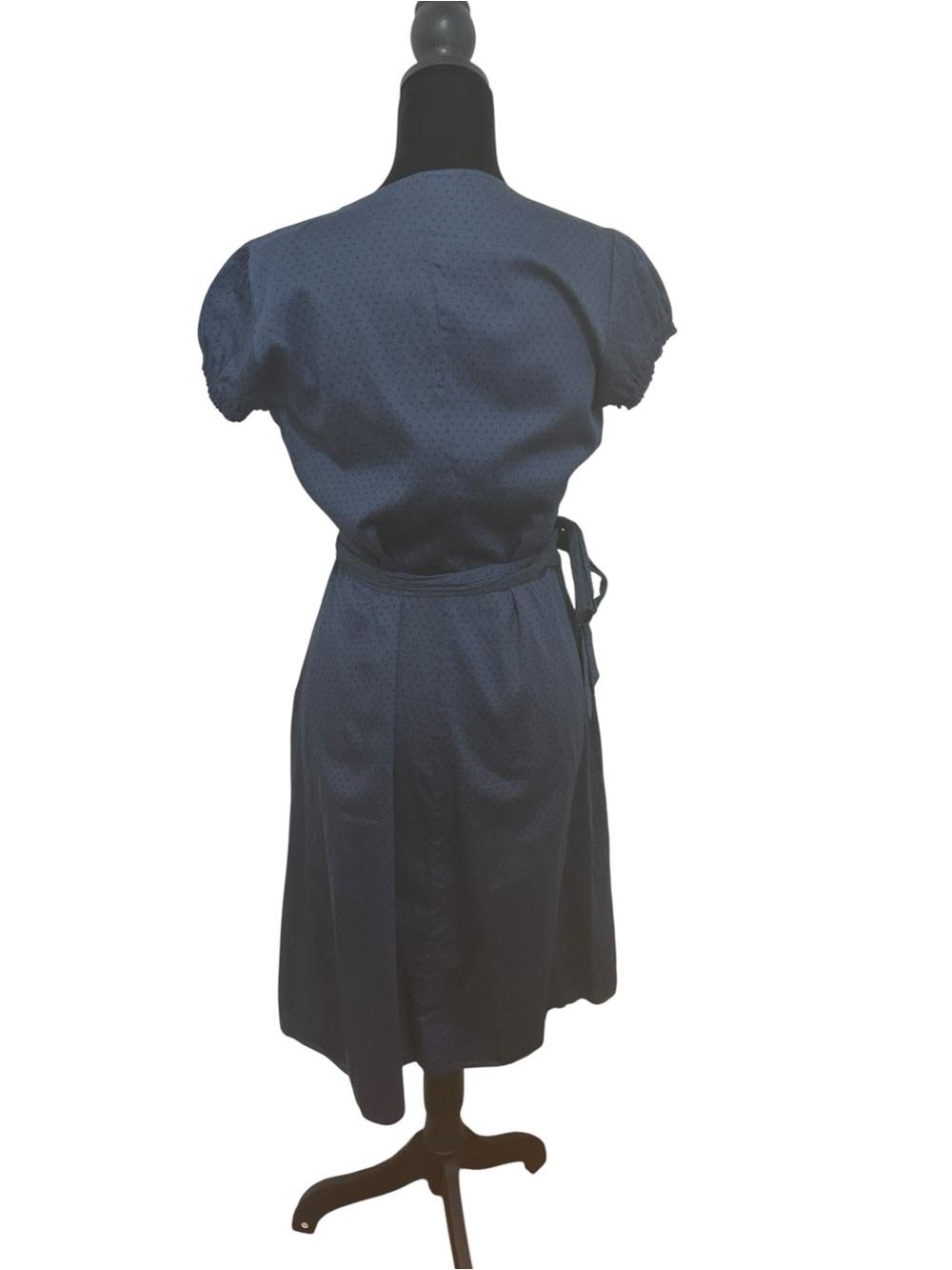 Vintage France Wrap dress small Navy Black Polka Dot Cotton Cottage knee length - Picture 5 of 12